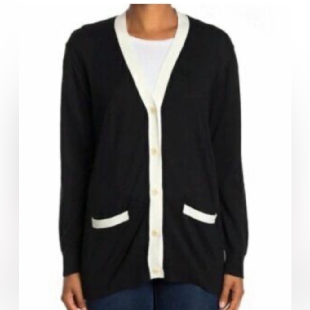 J. Crew Black & White trim boyfriend Cardigan Size Small